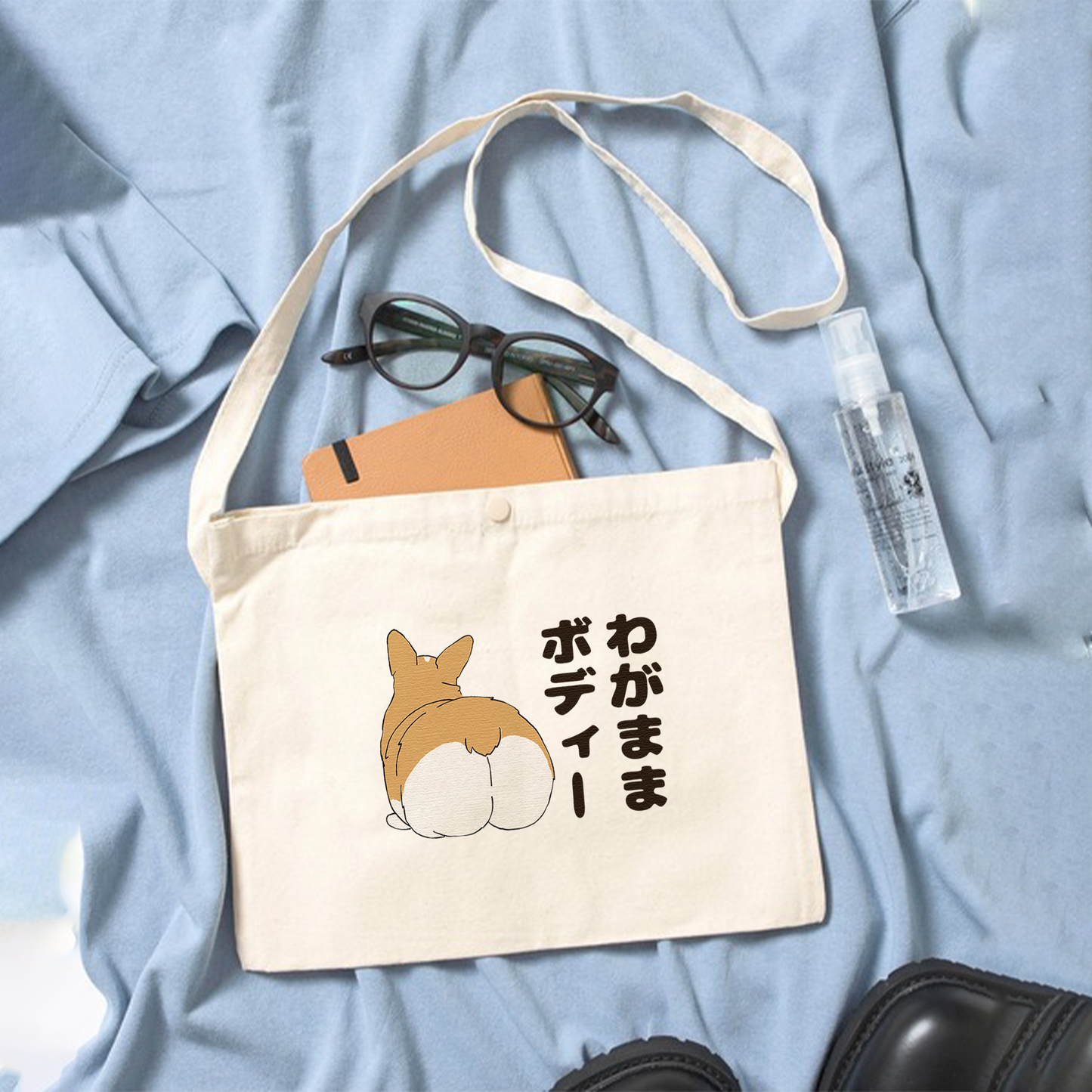 犬イラスト レギュラー キャンバス サコッシュ Corgi  コーギー わがままボディー